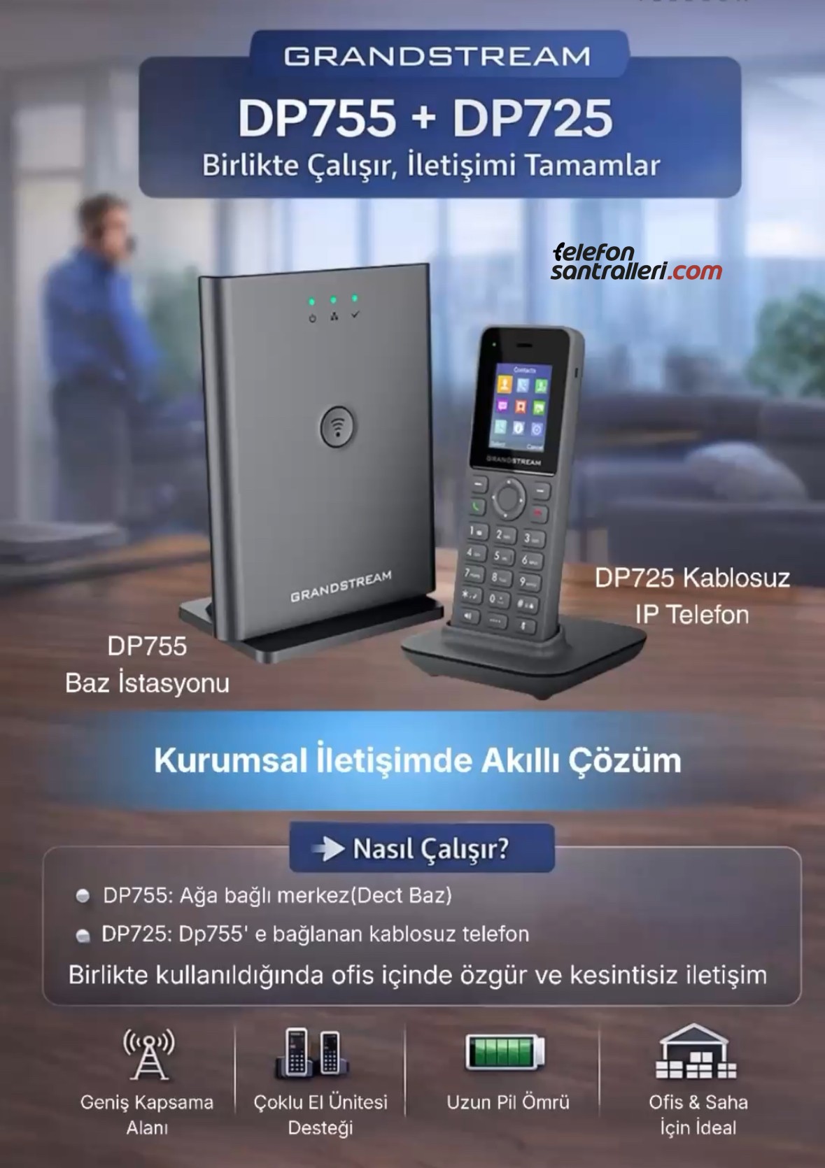 Grandstream DP755 IP Dect Baz + DP725 Dect Telefonu ( 2li Set)